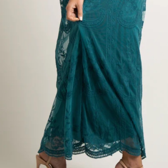 PinkBlush Teal Lace Mesh Overlay Maternity Maxi Dress - Picture 4 of 4
